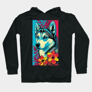 Husky Dog Vibrant Tropical Flower Tall Retro Vintage Digital Pop Art Portrait 2 Hoodie